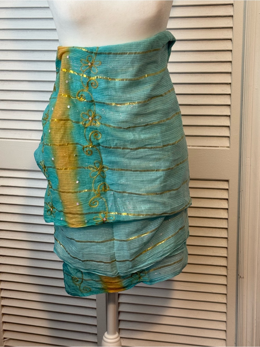 Whimsical Fairy Ethereal Women’s Boho Turquoise & Gold Embroidered  Wrap Scarf